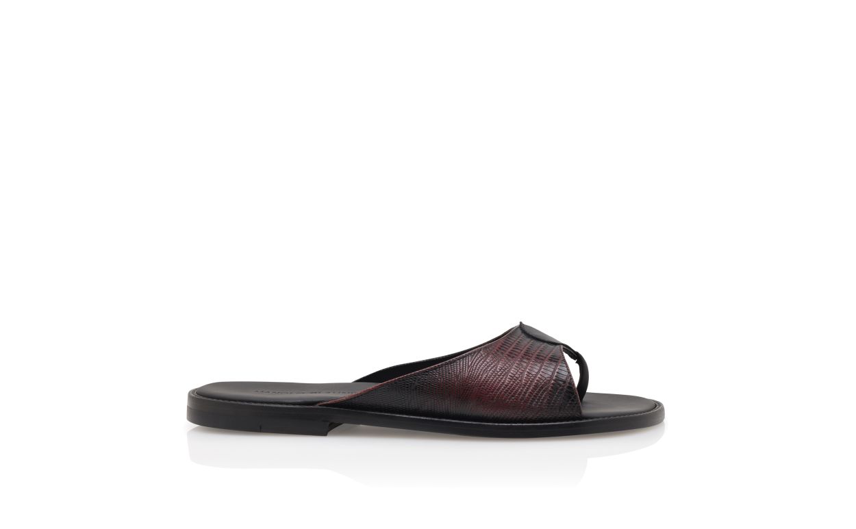 Dunkelrotes Kalbleder-Lizard-Print-Sandalen