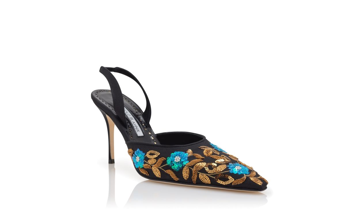 Schwarze Crepe de Chine bestickte Slingback-Pumps