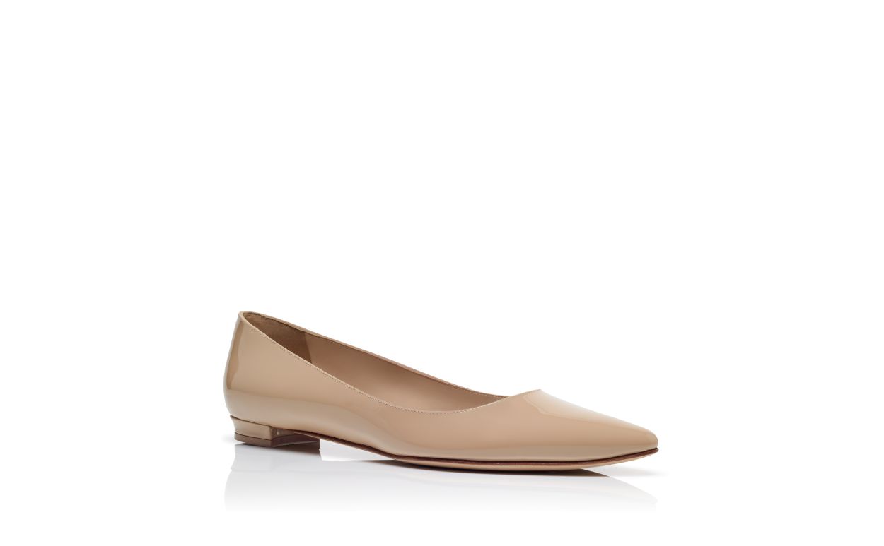 Leichtes Beige-Patentleder-Spitzenzehen-Flachpumps