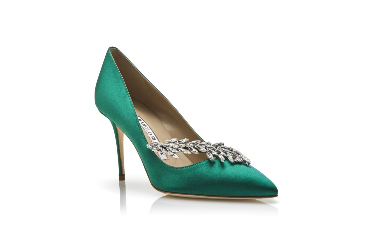Grüne Satin-Perlen-Schnalle-Pumps