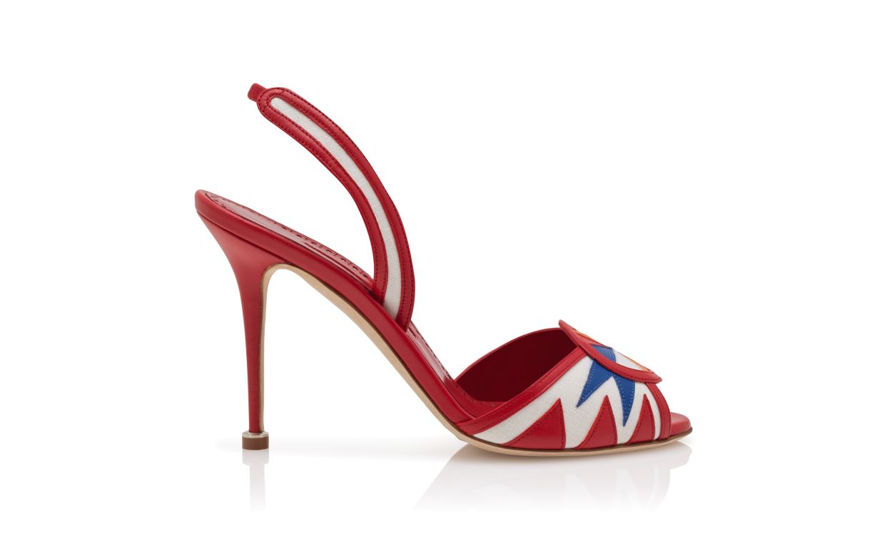 Rote, weiße und blaue Nappa-Leder-Slingback-Sandalen