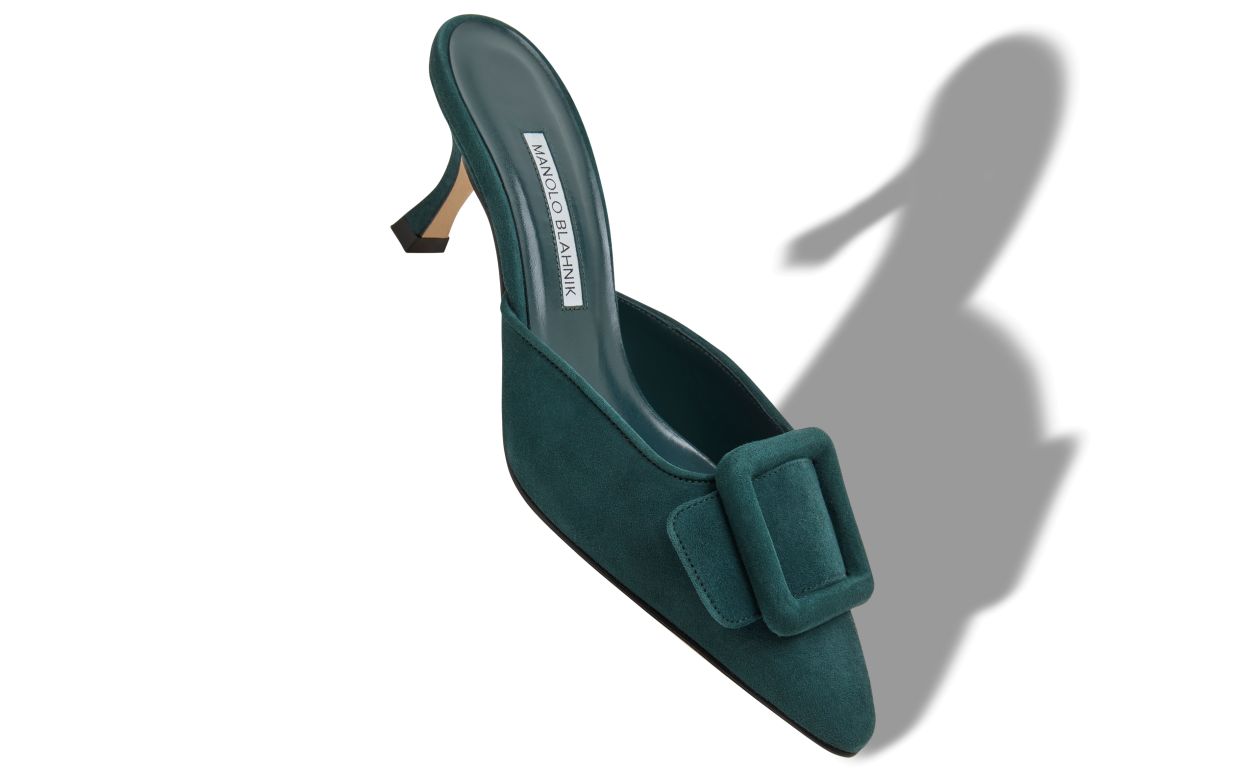 Dunkelgrüne Wildleder-Mules mit Schnallen-Detail