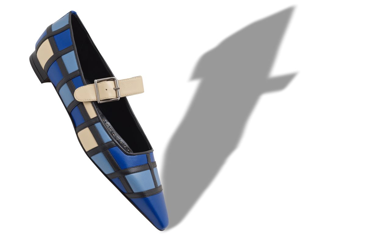 Blaue und cremefarbene Nappaleder Mary-Jane-Flachpumps