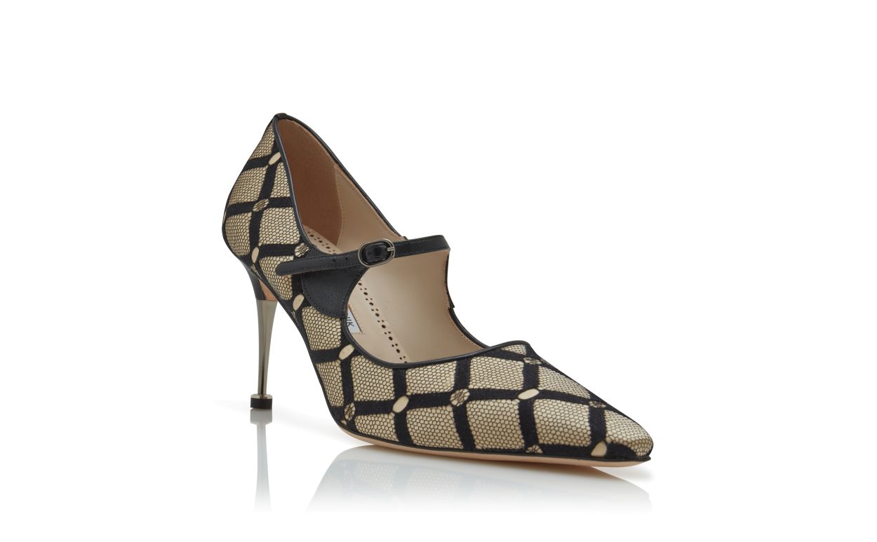 Leichtbeige und schwarze Mesh-Mary-Jane-Pumps