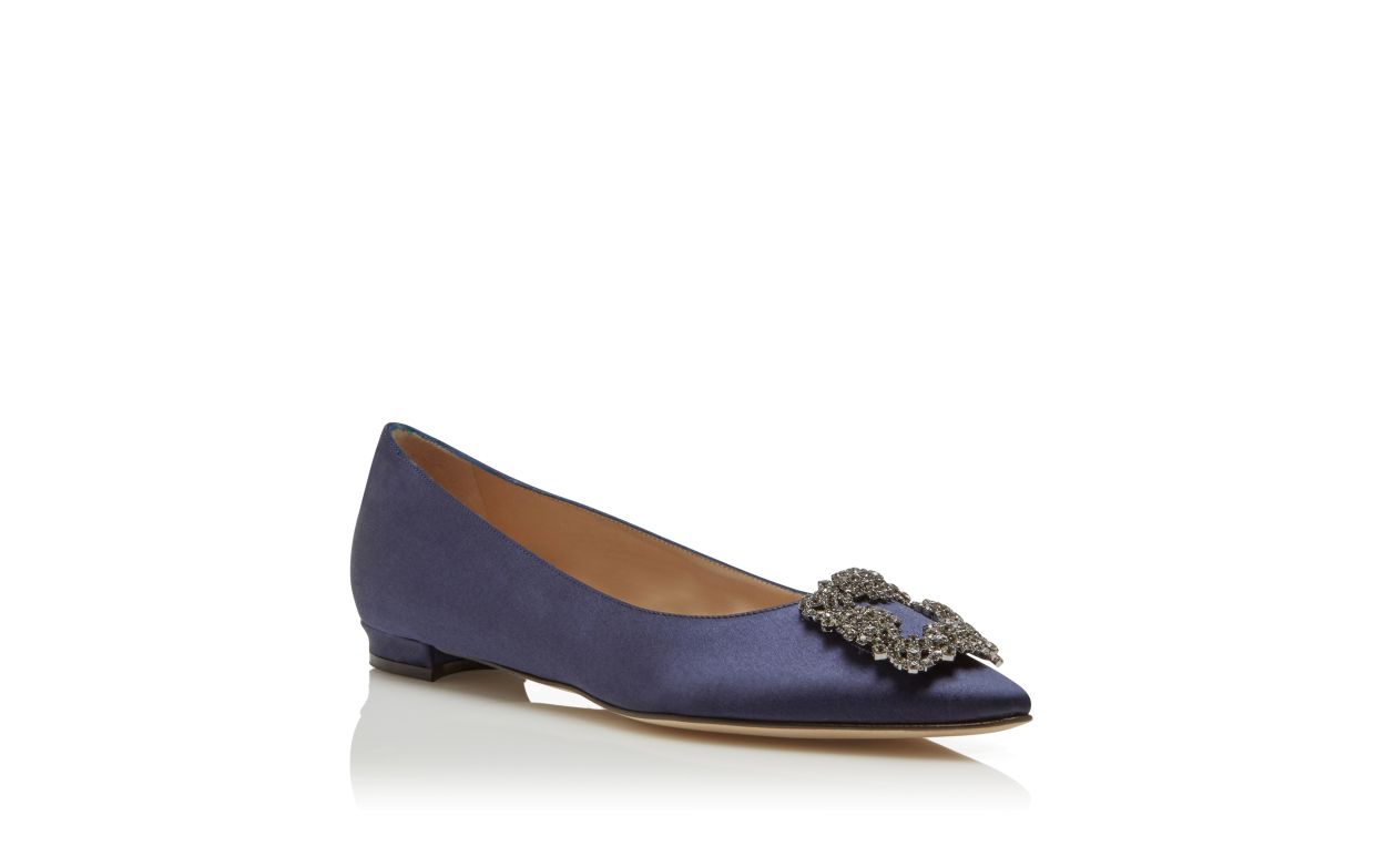 Navy Blue Satin Jewel Buckle Flat Pumps