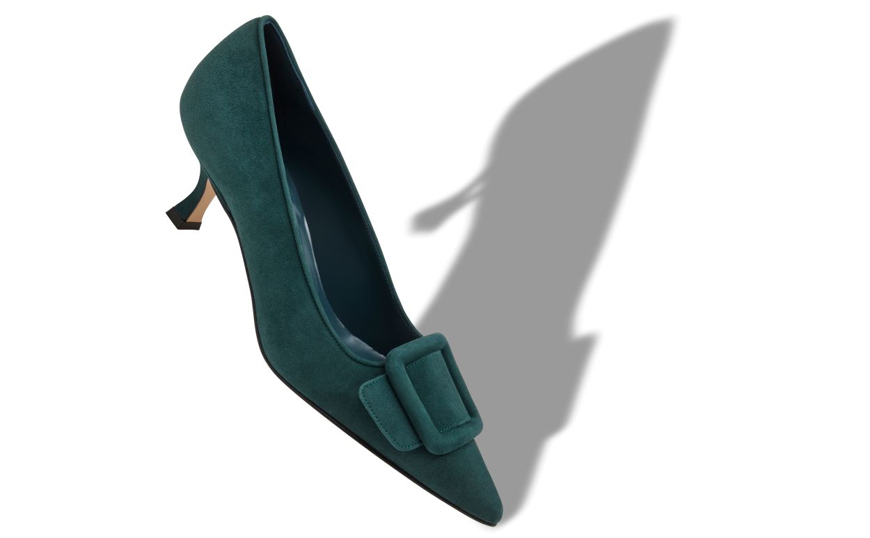 Dunkelgrüne Wildleder-Pumps mit Schnallen-Details