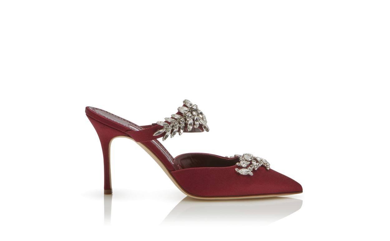 Bordeaux-Satin-Kristallverzierte Mules