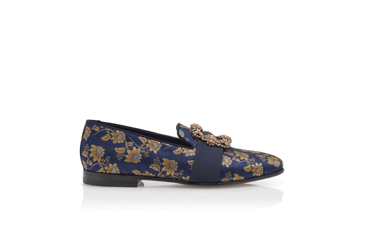 Marineblau-silberne Seiden-Jacquard-Loafer mit Juwel-Schnalle