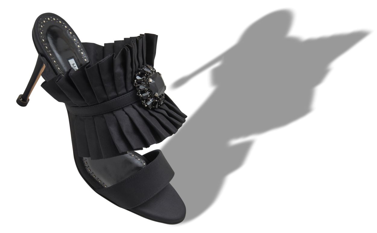 Schwarze Seiden-Mules mit Falten-Details