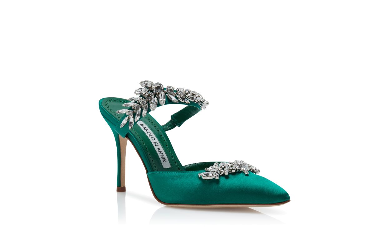 Grüne Satin-Strass-Besetzte Mules
