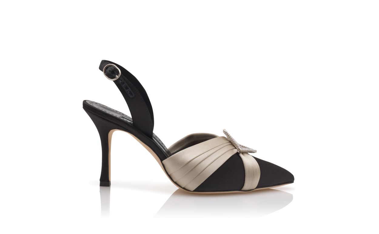 Schwarze Satin-Pleats-Slingback-Pumps
