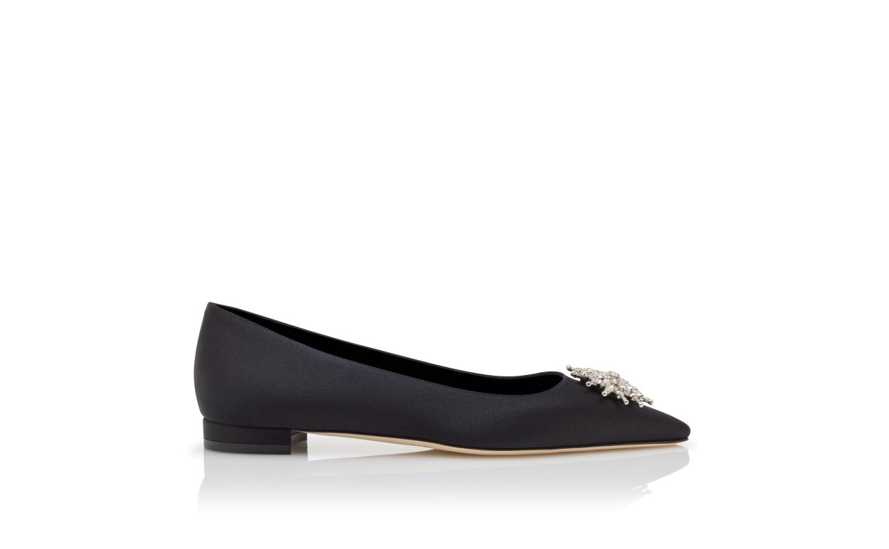 Schwarze Satin-Christall-Verzierte Flache Pumps