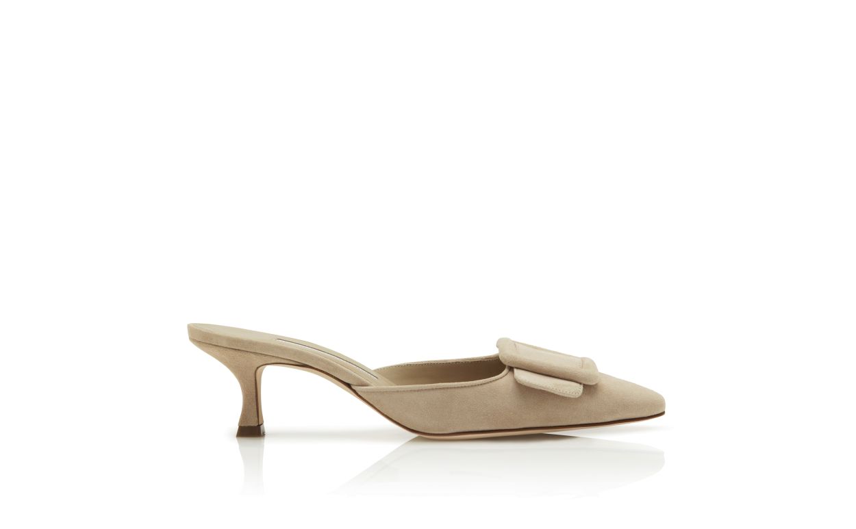 Beige Suede Kitten-Heel-Mules