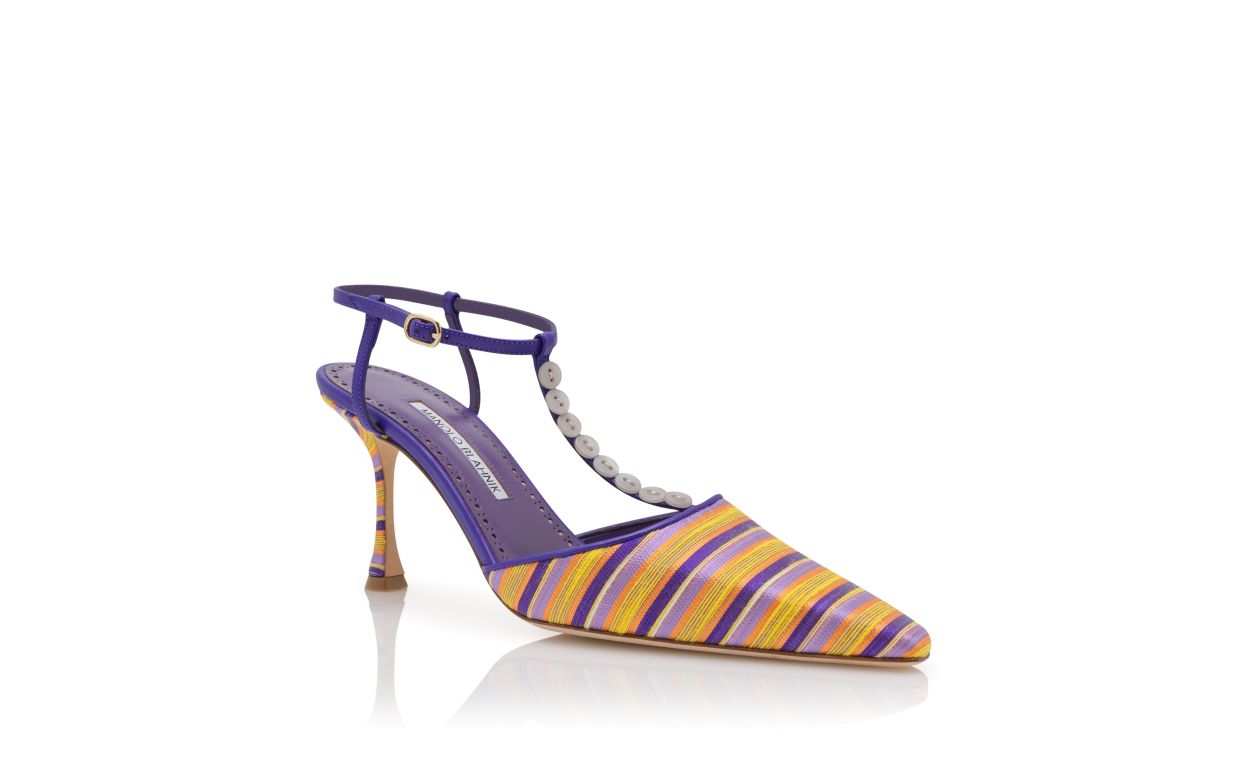 Lila und Orange Baumwollgestreifte T-Bar-Pumps