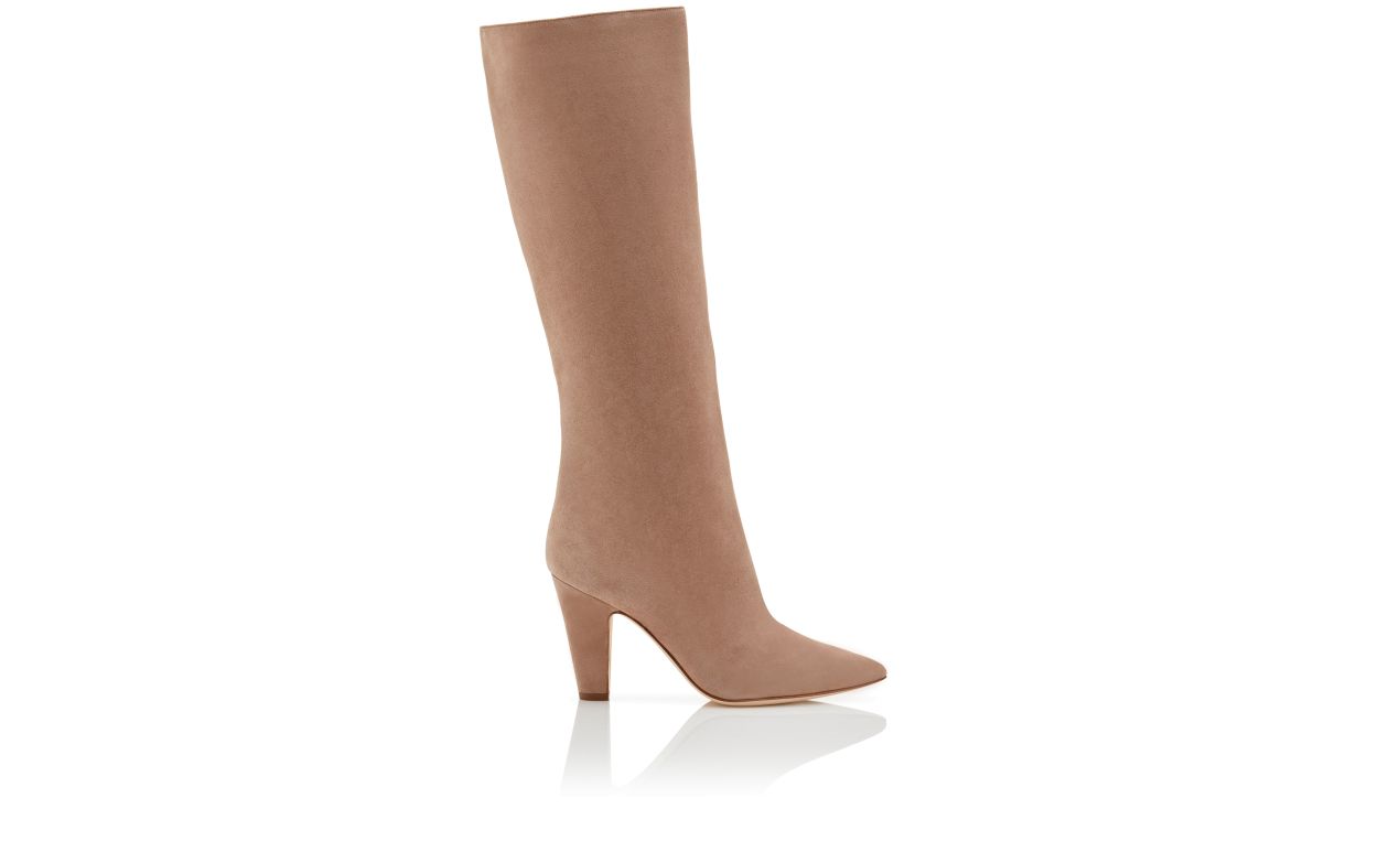Dunkelbeige Wildleder-Stiefeletten bis Kniehöhe