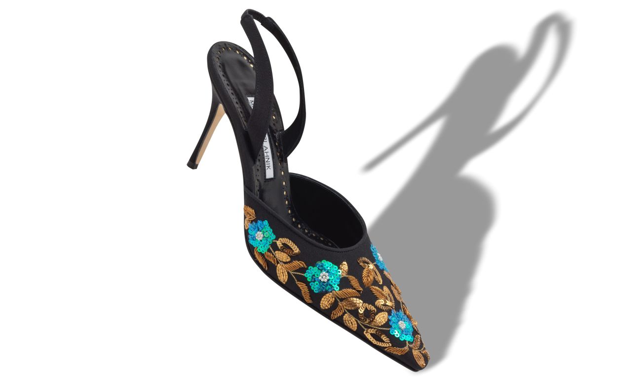 Schwarze Crepe de Chine bestickte Slingback-Pumps