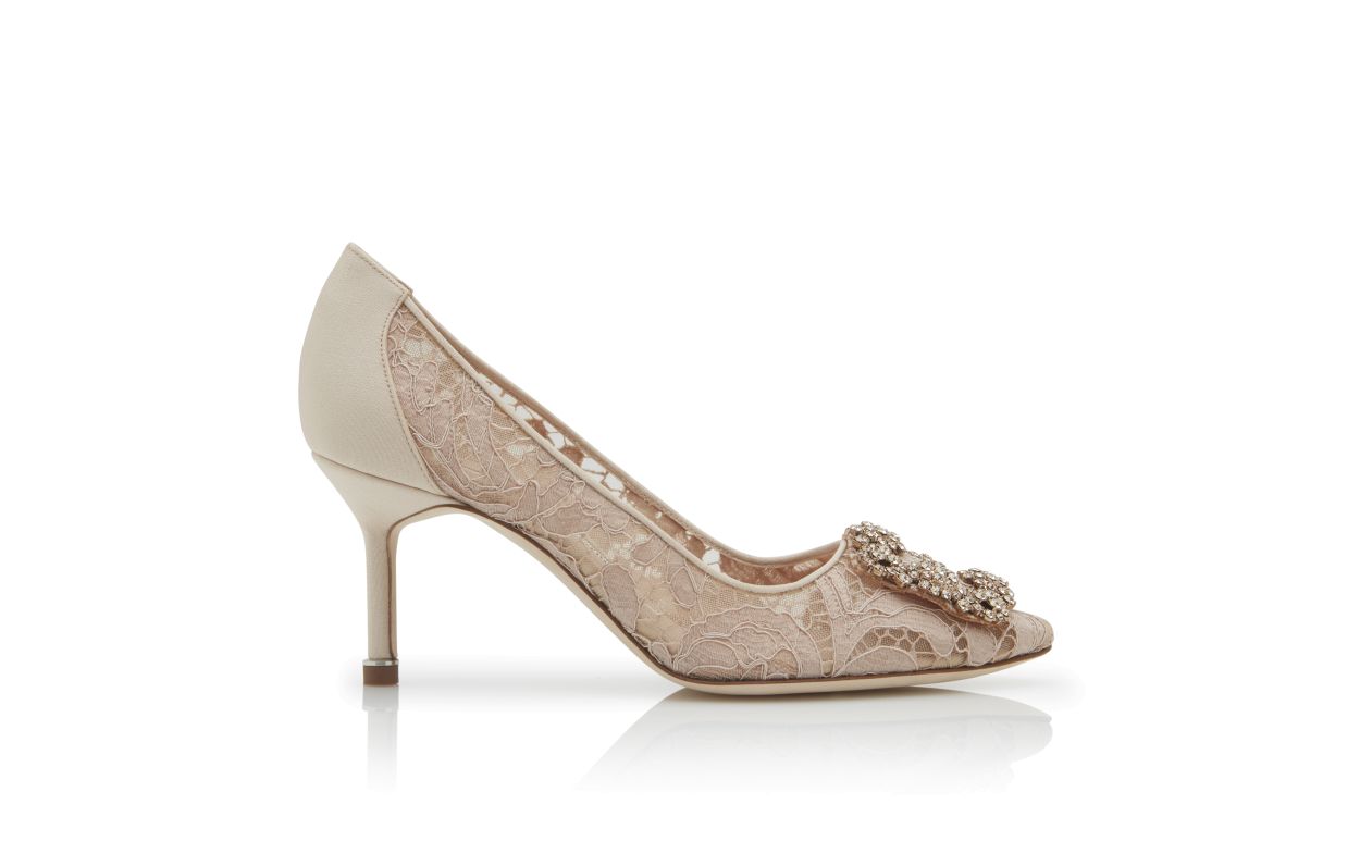 Beige Spitzen-Edelstein-Schnalle-Pumps