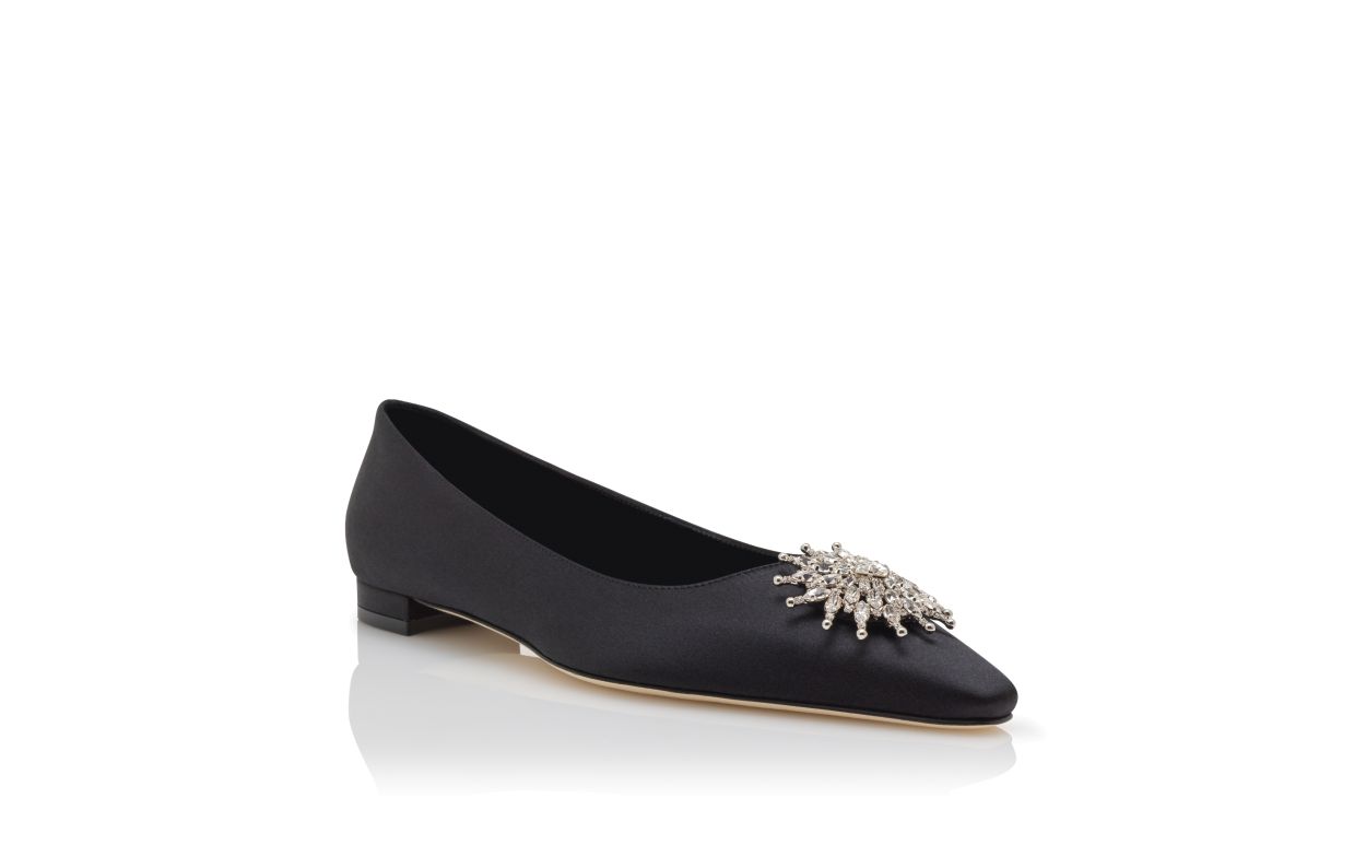 Schwarze Satin-Christall-Verzierte Flache Pumps
