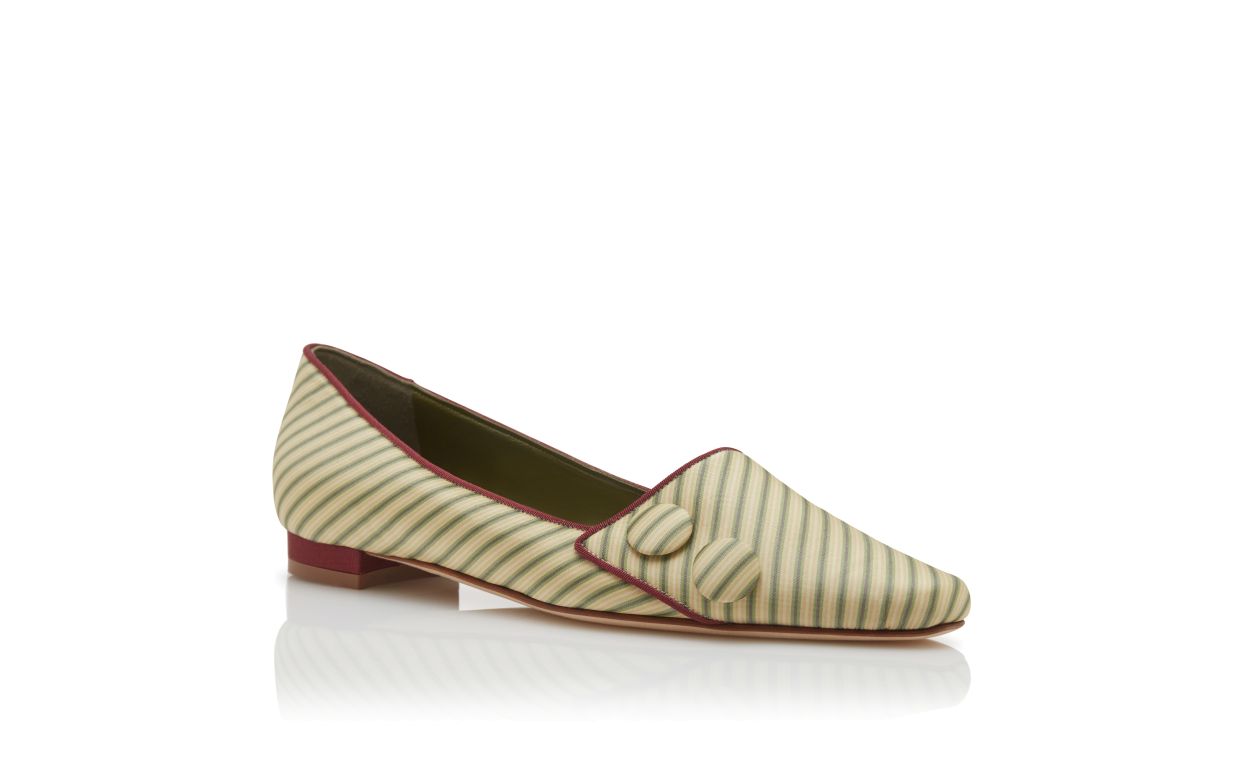 Grüne und Beige Seidenstreifige Flache Pumps