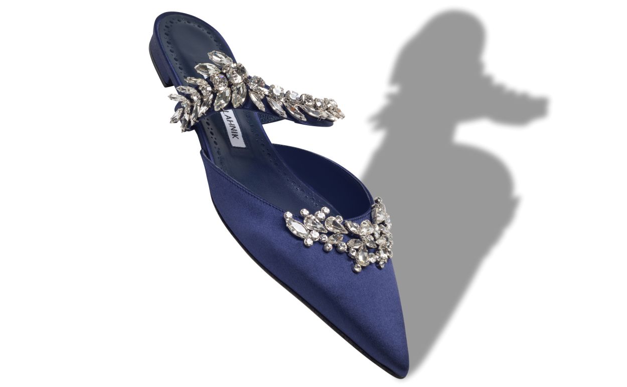 Dunkelblaue Satin-Flachschuhe mit Kristallverzierung