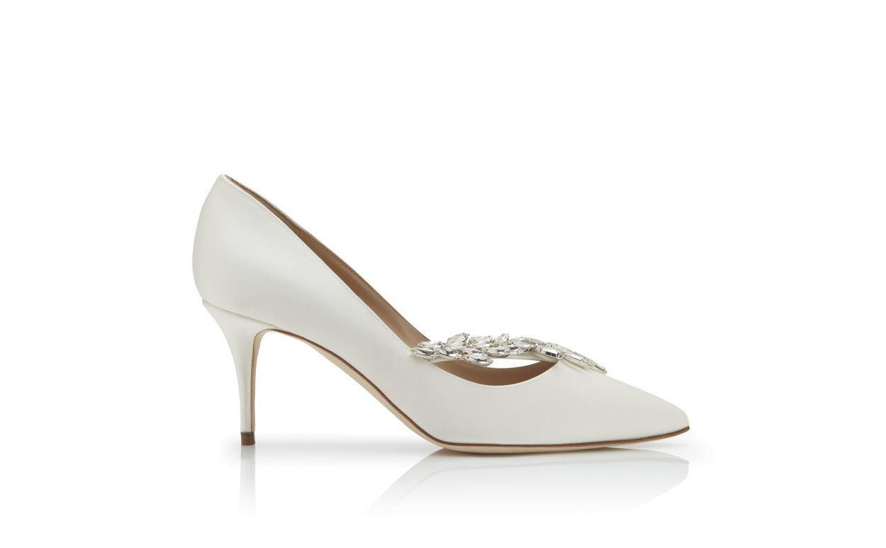 Weiße Satin-Perlen-Schnalle-Pumps