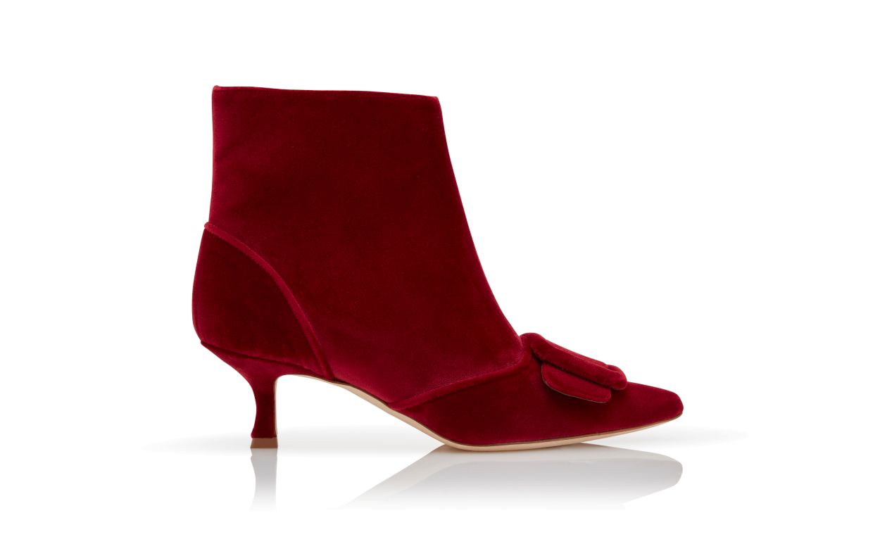 Rote Samt-Schnürstiefel mit Schnallen-Details