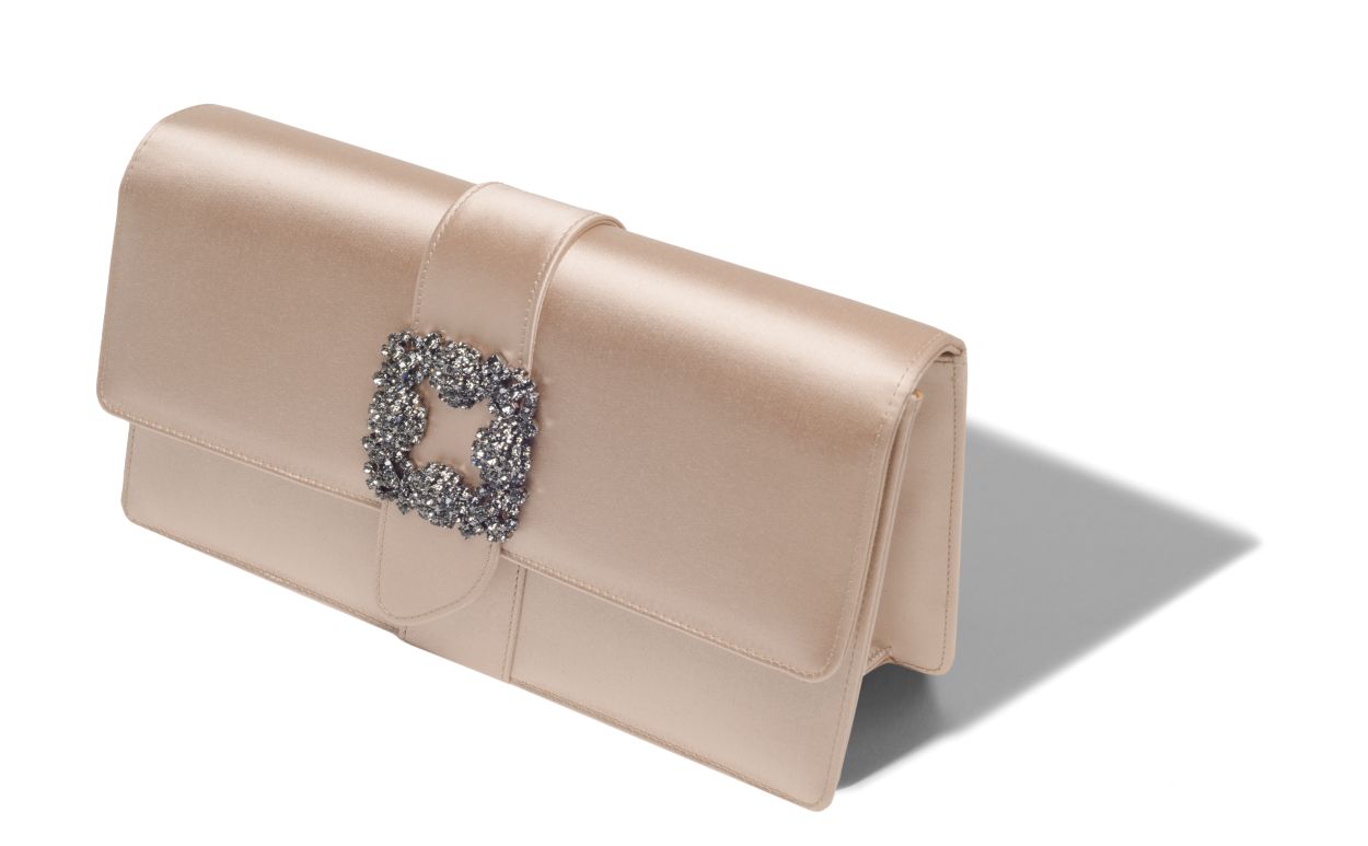 Beige Satin-Clutch mit Juwel-Verschluss