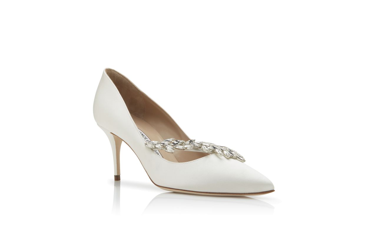 Weiße Satin-Perlen-Schnalle-Pumps