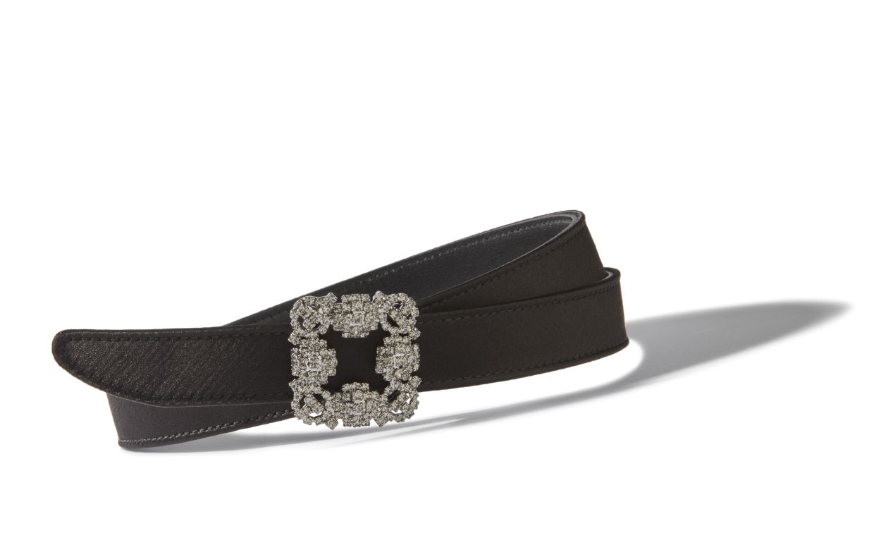 Schwarzer Satin-Gürtel mit Kristall-Dornschließe
