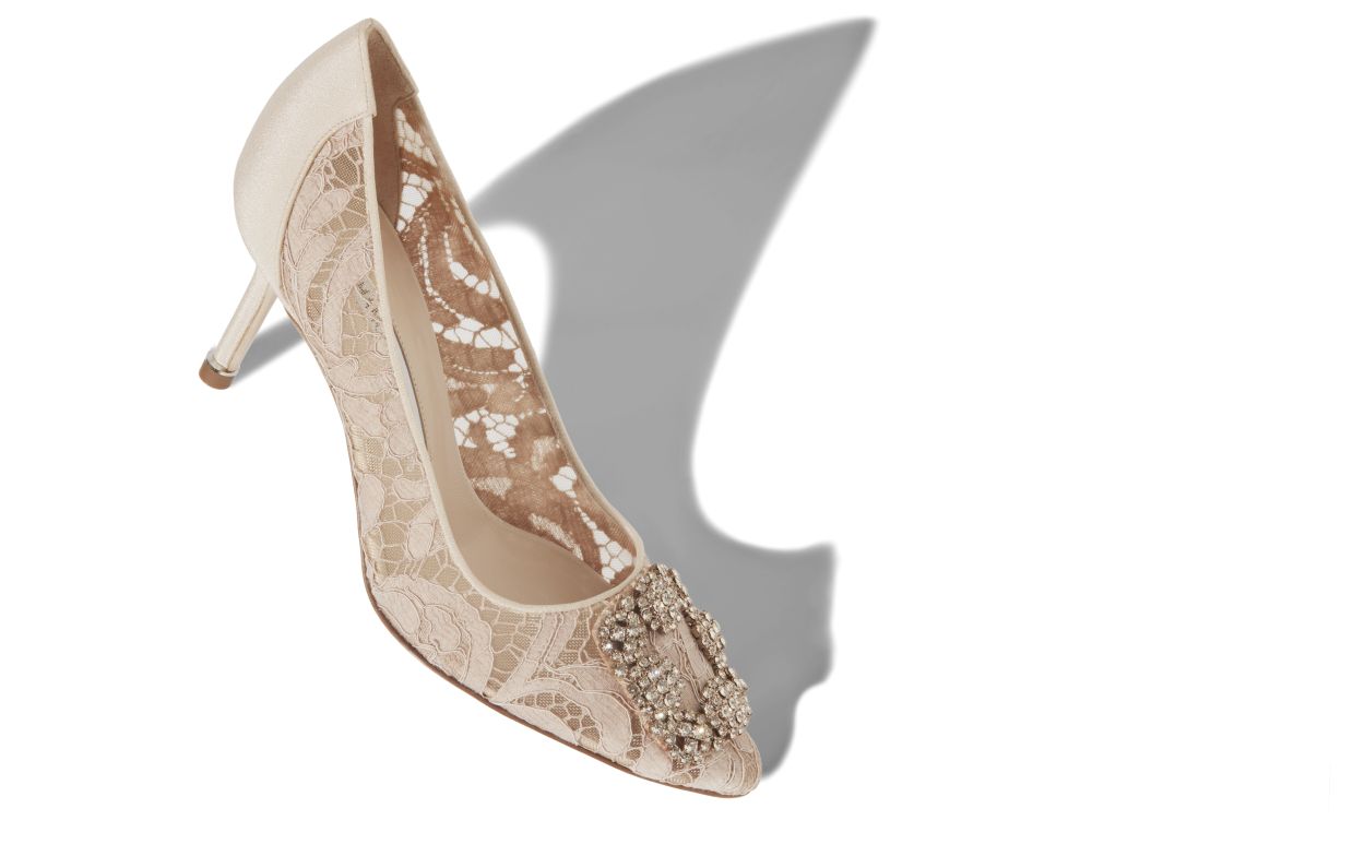 Beige Spitzen-Edelstein-Schnalle-Pumps