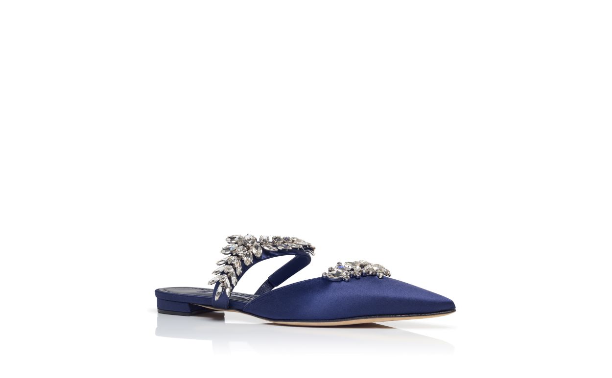Dunkelblaue Satin-Flachschuhe mit Kristallverzierung