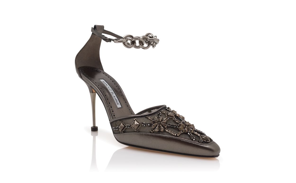 Graphit-Nappa-Leder-Schmuckverzierte Pumps mit Knöchelriemen
