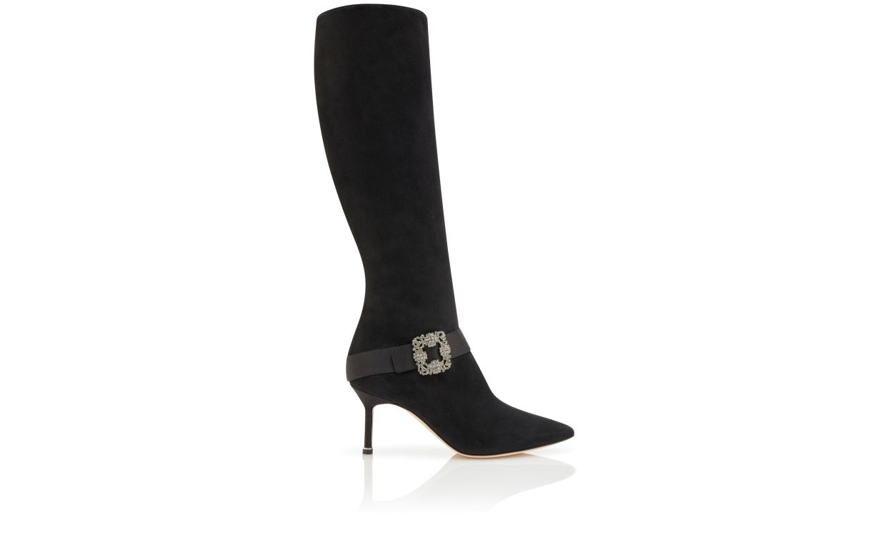 Schwarze Wildleder-Steck-Schmuck-Schnür-Stiefel bis zum Knie