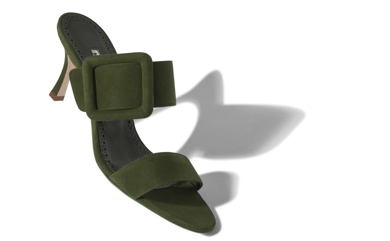 Dunkel Khaki Grün Wildleder Open Toe Mules