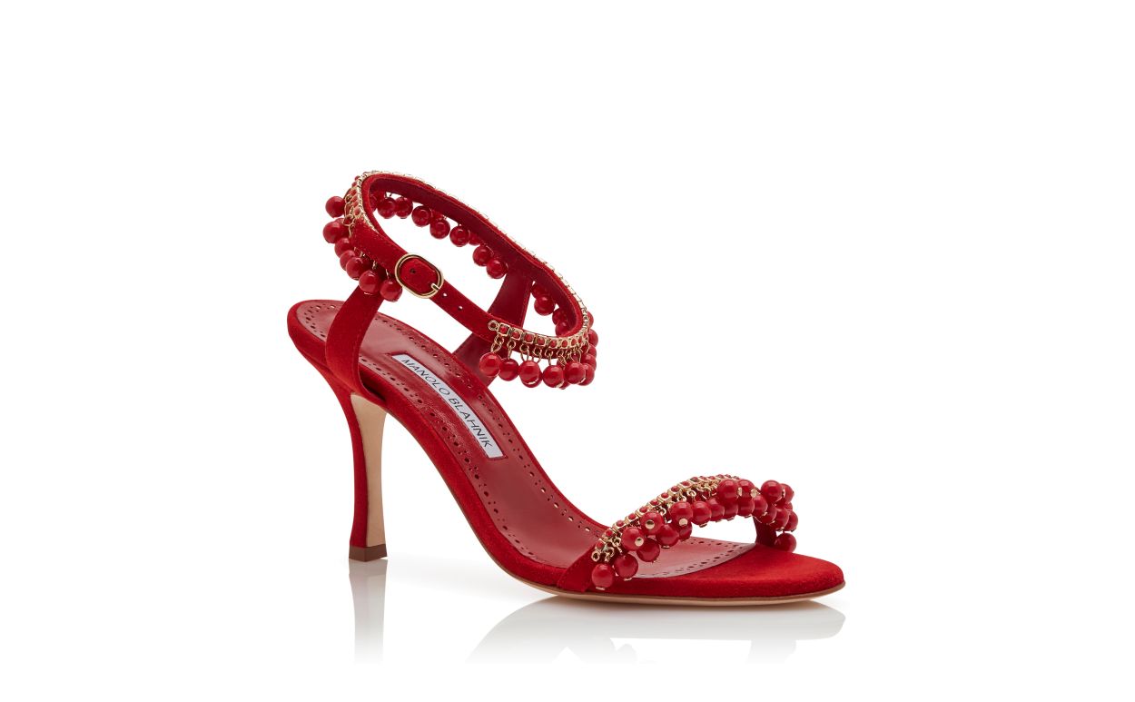 Rote Suede-Sandalen mit Juwel-Verzierung