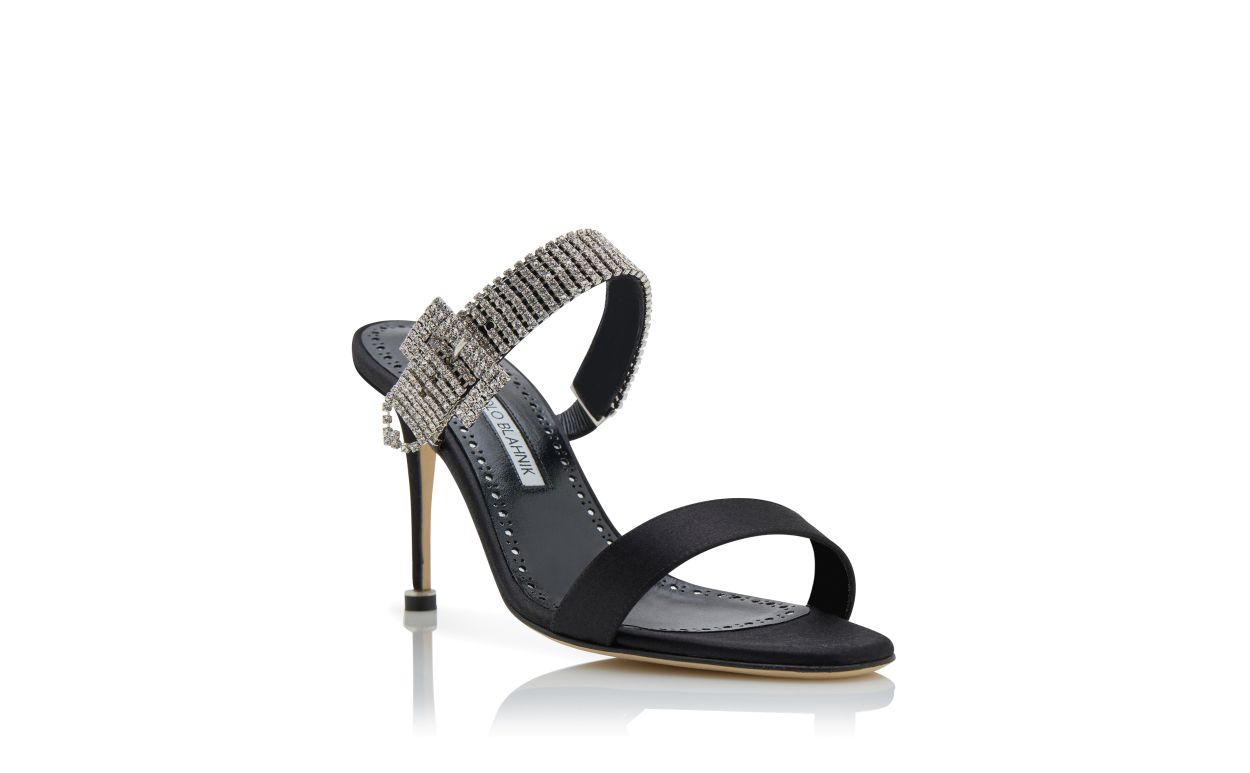Schwarze Satin-Strass-besetzte Straps-Mules